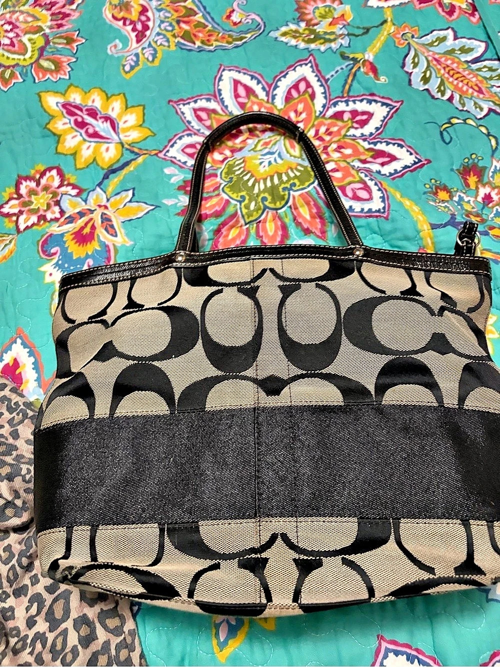 Coach Signature Stripe Tote in Black & Brown
